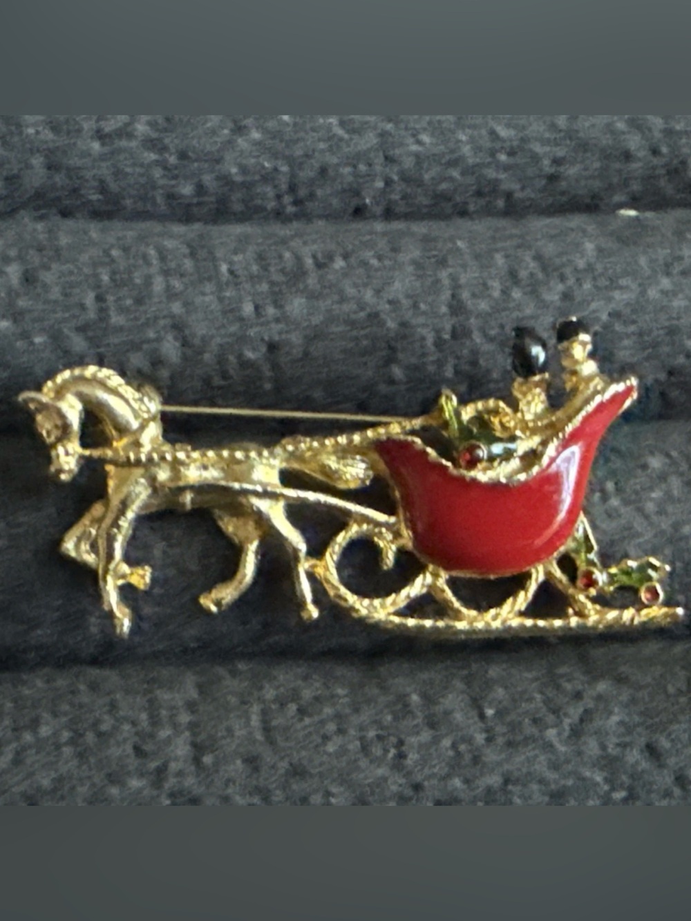 Vintage Gold-tone Horse & Red Sleigh Brooch